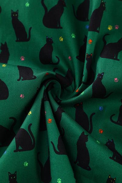 PRE ORDER Penelope II Green Rockabilly Black Cat Print Shirt Dress