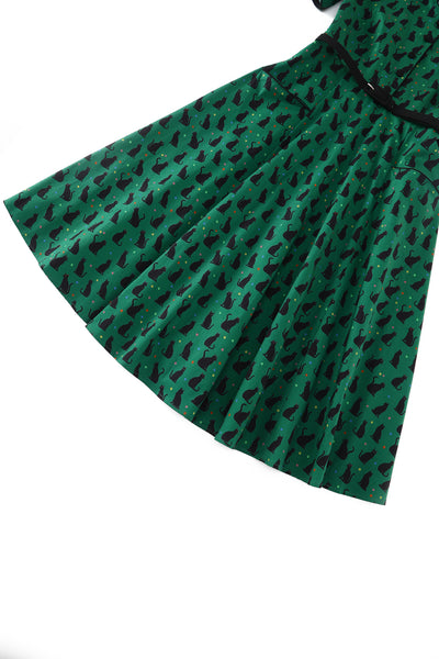 PRE ORDER Penelope II Green Rockabilly Black Cat Print Shirt Dress