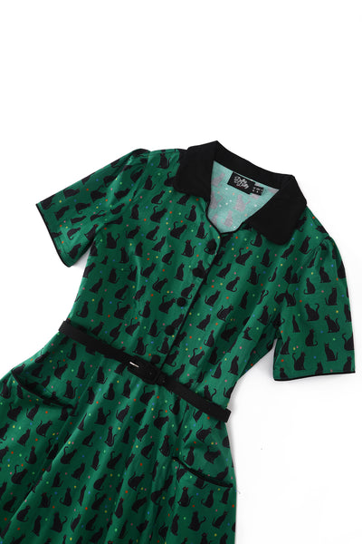 PRE ORDER Penelope II Green Rockabilly Black Cat Print Shirt Dress