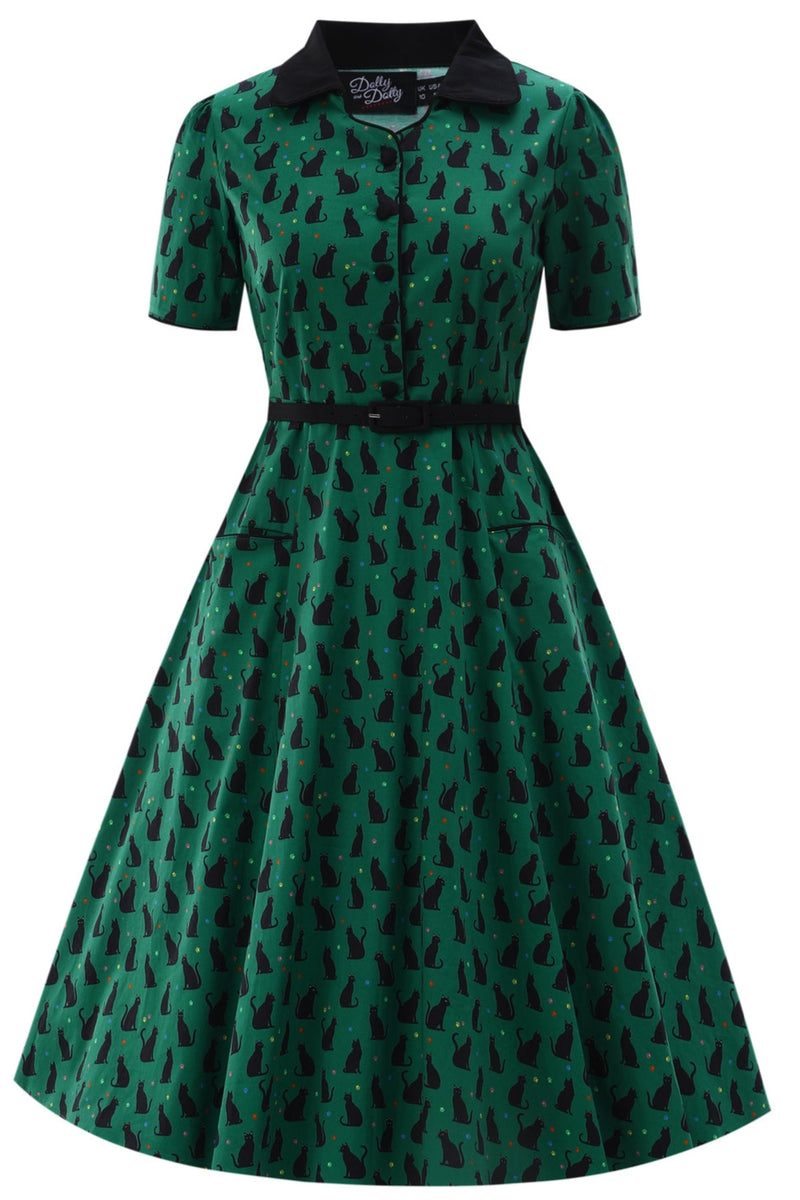 PRE ORDER Penelope II Green Rockabilly Black Cat Print Shirt Dress