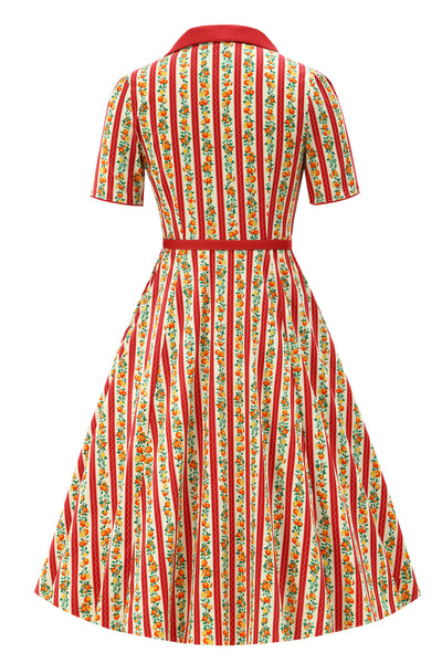 Penelope II Pink Striped Rockabilly Orange Fruit Print Shirt Dress