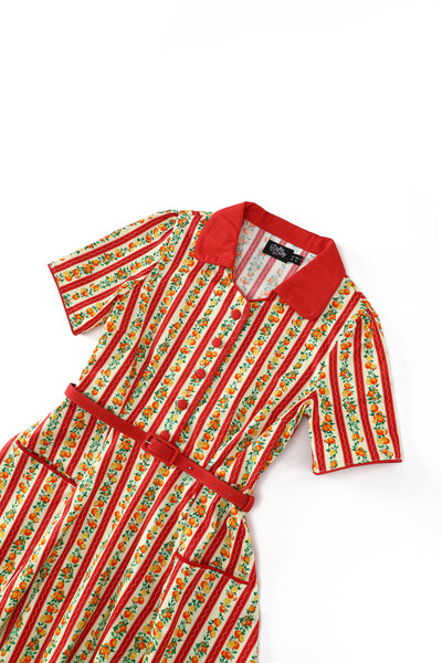 Penelope II Pink Striped Rockabilly Orange Fruit Print Shirt Dress