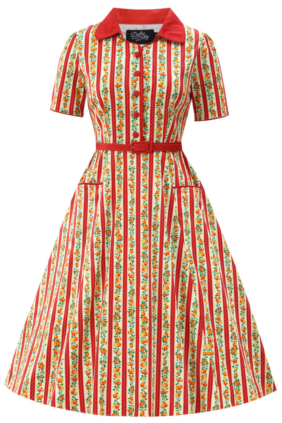 Penelope II Pink Striped Rockabilly Orange Fruit Print Shirt Dress