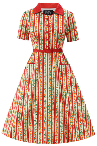 Penelope II Pink Striped Rockabilly Orange Fruit Print Shirt Dress