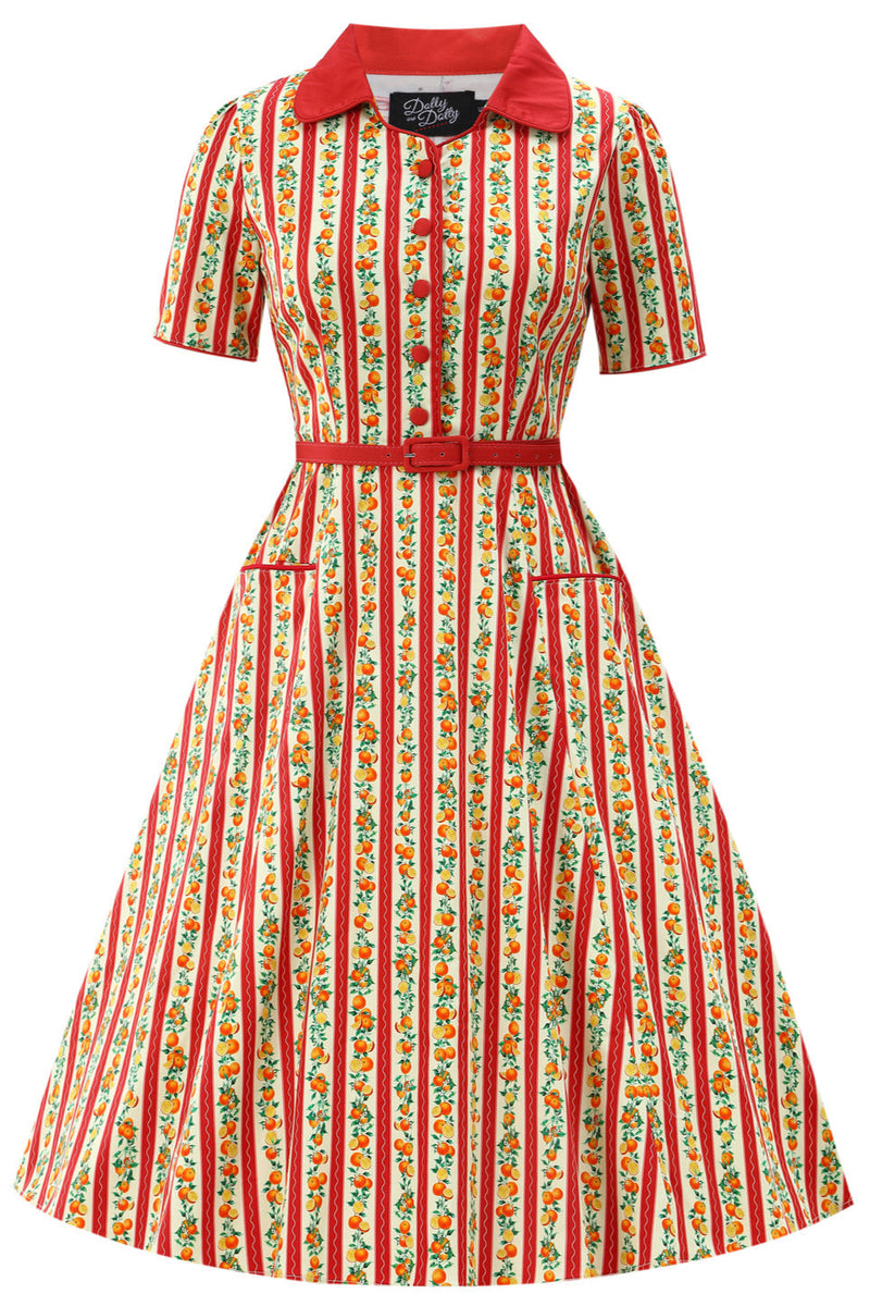 Penelope II Pink Striped Rockabilly Orange Fruit Print Shirt Dress