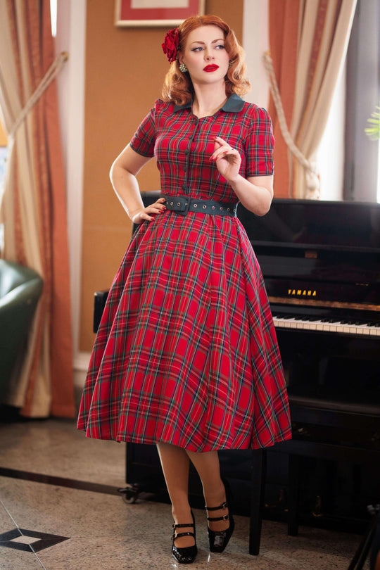 An elegant model in Mabel Red Stewart Tartan 50s Shirt Dress