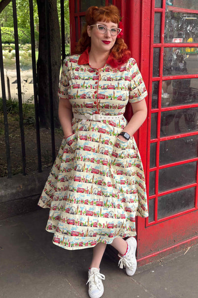 Penelope II White Rockabilly London Landmark Print Shirt Dress