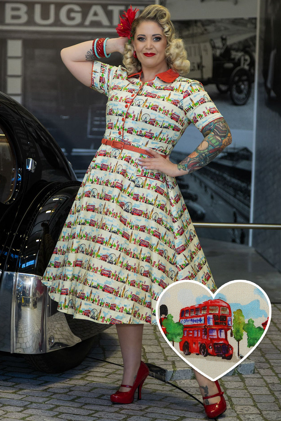 Penelope II White Rockabilly London Landmark Print Shirt Dress