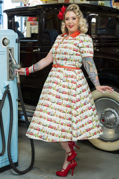 Penelope II White Rockabilly London Landmark Print Shirt Dress