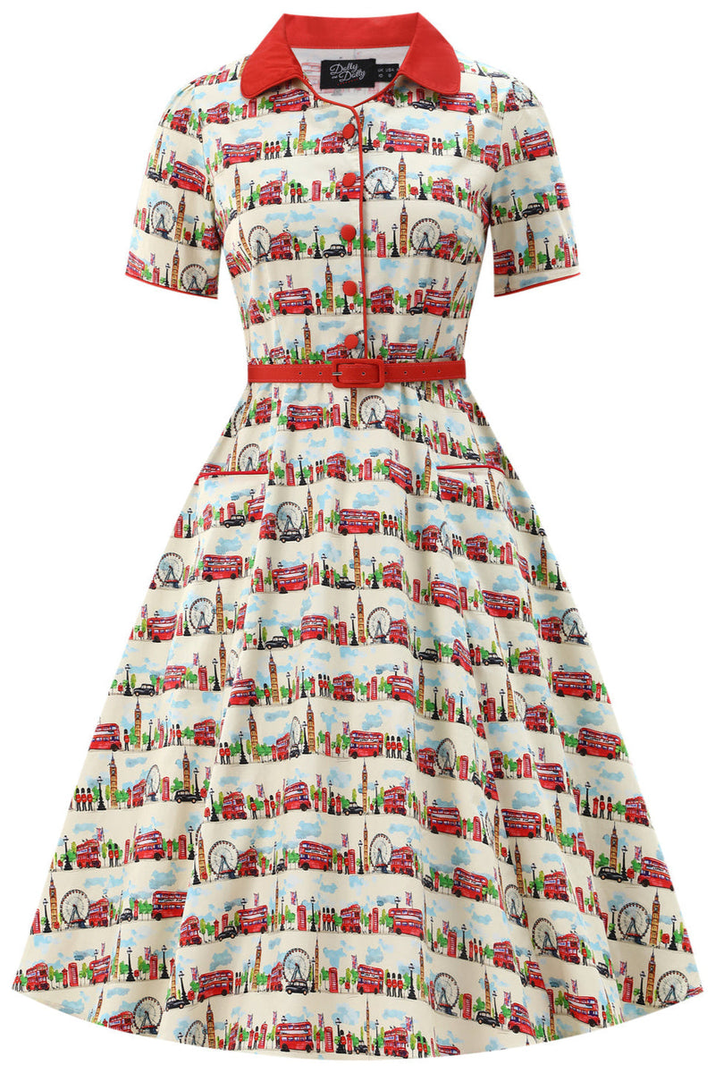 EU STOCK Penelope II White Rockabilly London Landmark Print Shirt Dress