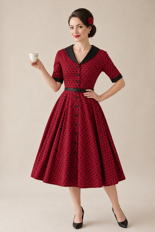 Mollie Burgundy Polka Dot Shirt Dress — front view
