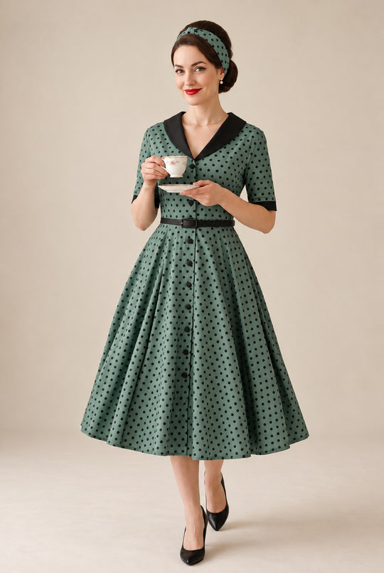 Mollie Dark Green Polka Dot Shirt Dress — front view