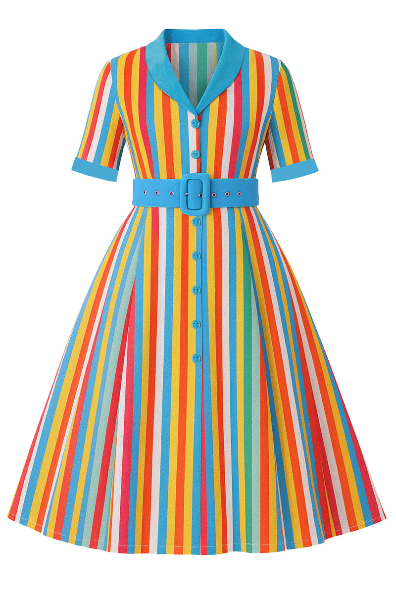 PRE ORDER Mollie Multicolored Striped Shirt Dress - Blue, Yellow, Orange, Red, Green & White