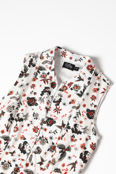 PRE ORDER Poppy White Vintage Tattoo Print Shirt Dress