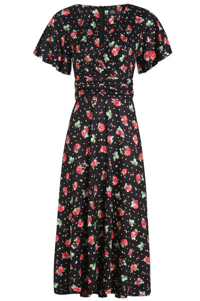 EU Stock-Donna Petal Sleeved Dress in Black Strawberry & Polka Print