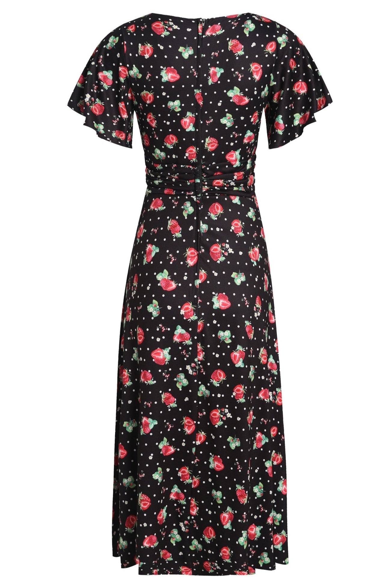 EU Stock-Donna Petal Sleeved Dress in Black Strawberry & Polka Print