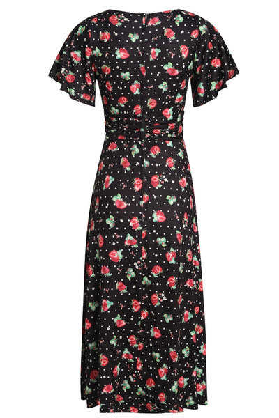 EU Stock-Donna Petal Sleeved Dress in Black Strawberry & Polka Print