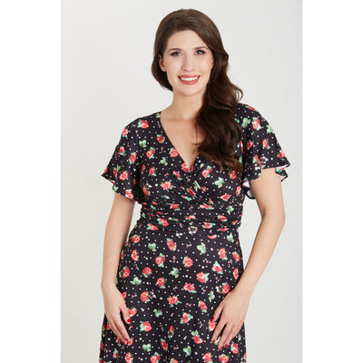 EU Stock-Donna Petal Sleeved Dress in Black Strawberry & Polka Print