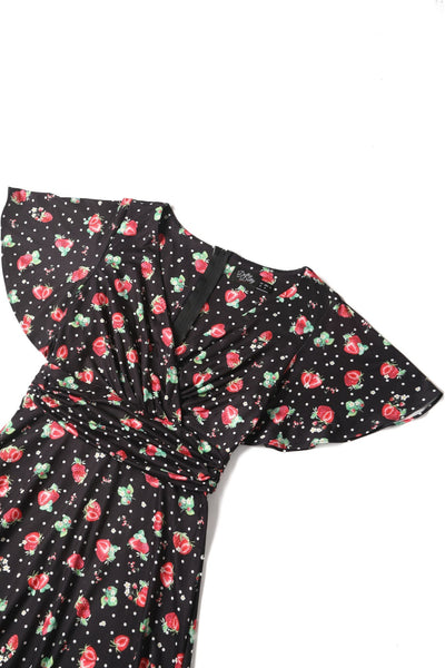 EU Stock-Donna Petal Sleeved Dress in Black Strawberry & Polka Print
