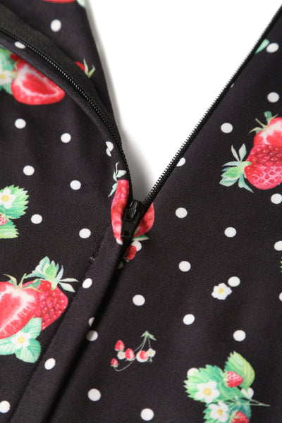 EU Stock-Donna Petal Sleeved Dress in Black Strawberry & Polka Print