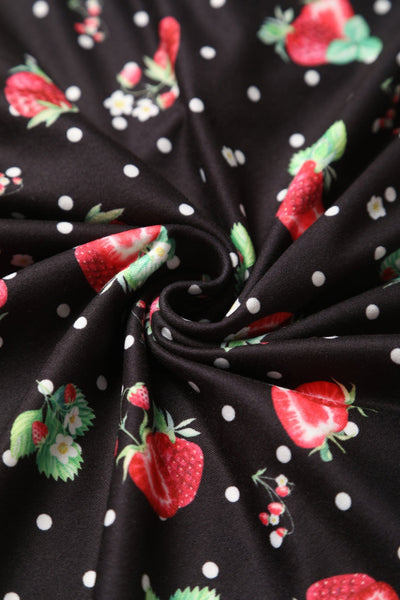 EU Stock-Donna Petal Sleeved Dress in Black Strawberry & Polka Print