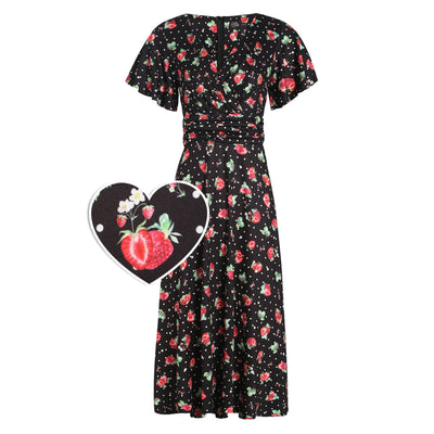 EU Stock-Donna Petal Sleeved Dress in Black Strawberry & Polka Print
