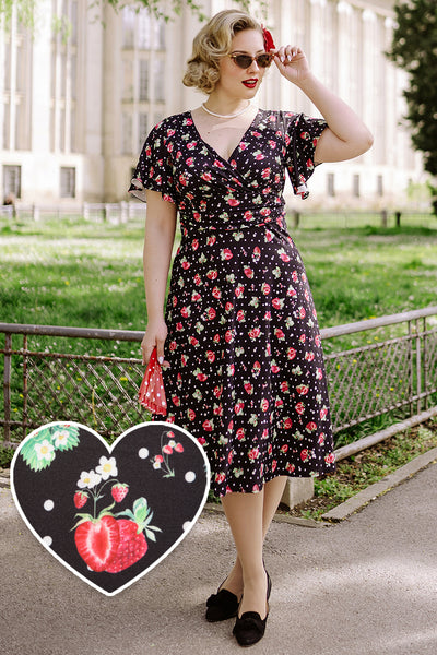 EU Stock-Donna Petal Sleeved Dress in Black Strawberry & Polka Print