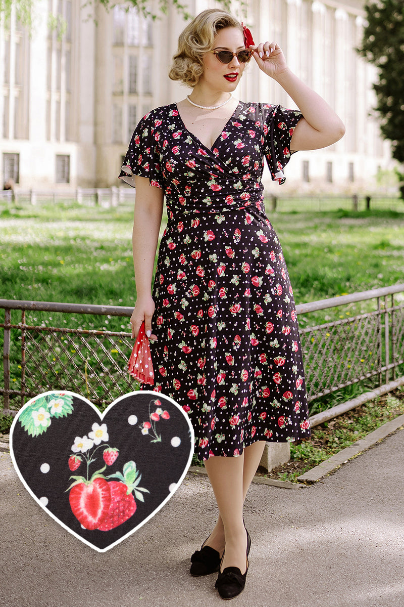 EU Stock-Donna Petal Sleeved Dress in Black Strawberry & Polka Print