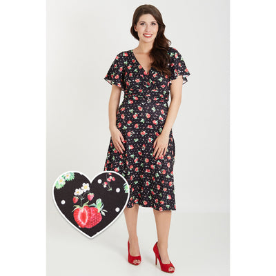 EU Stock-Donna Petal Sleeved Dress in Black Strawberry & Polka Print