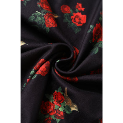 EU STOCK Donna Cross Over Bust Flared Dress in Red Roses & Bird Print