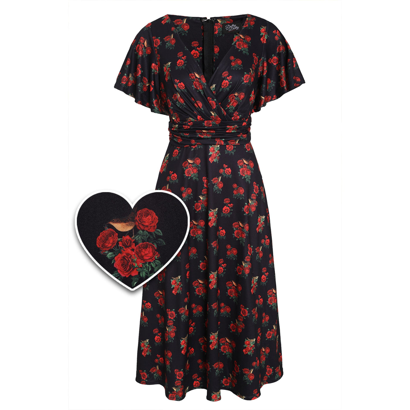 EU STOCK Donna Cross Over Bust Flared Dress in Red Roses & Bird Print