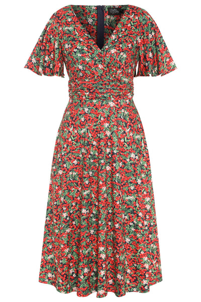Donna Black Petal Sleeves Flared Bust Red Berries Summer Dress