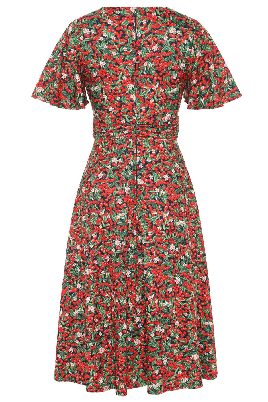 Donna Black Petal Sleeves Flared Bust Red Berries Summer Dress