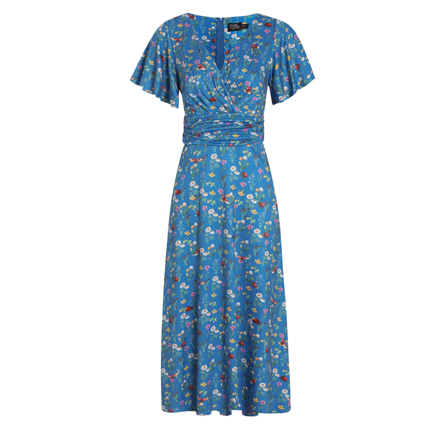 EU STOCK Donna Petal Sleeved Dress in Blue Garden & Ladybug Print