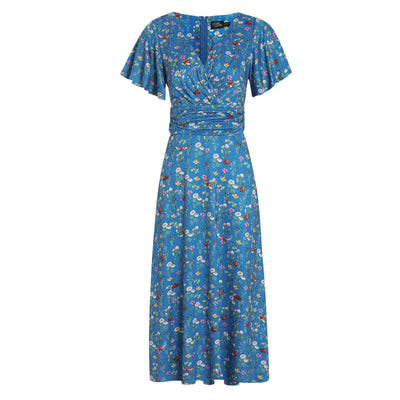 EU STOCK Donna Petal Sleeved Dress in Blue Garden & Ladybug Print