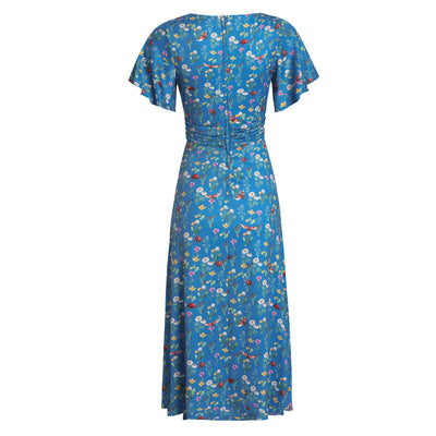 EU STOCK Donna Petal Sleeved Dress in Blue Garden & Ladybug Print