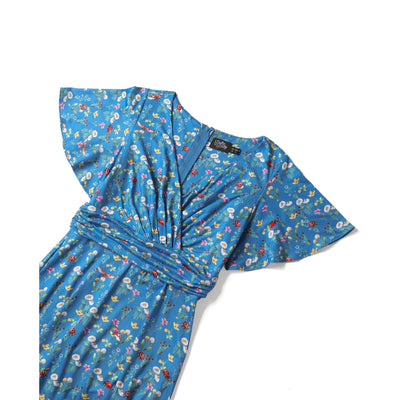 EU STOCK Donna Petal Sleeved Dress in Blue Garden & Ladybug Print