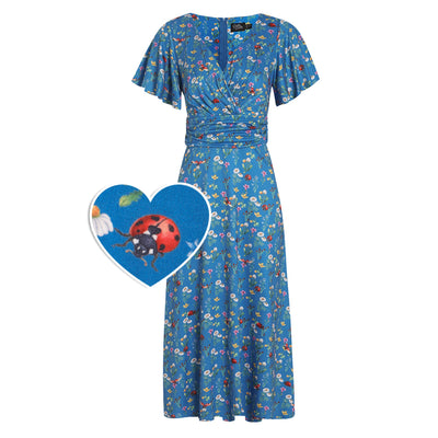 EU STOCK Donna Petal Sleeved Dress in Blue Garden & Ladybug Print