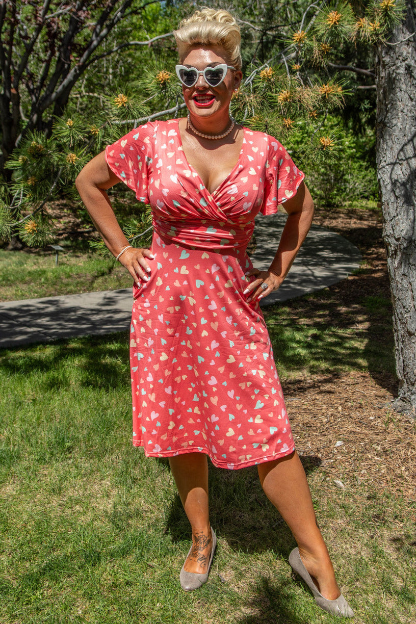 Donna Coral Heart Crossover Bust Tea Dress