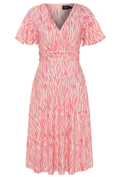 Donna Pink Petal Sleeves Flared Bust Tiger Print Summer Dress