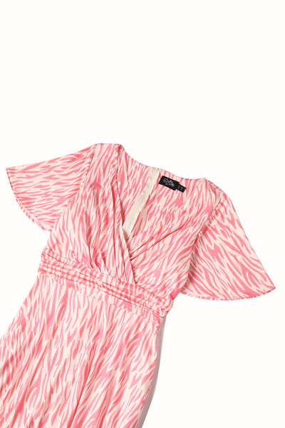 Donna Pink Petal Sleeves Flared Bust Tiger Print Summer Dress