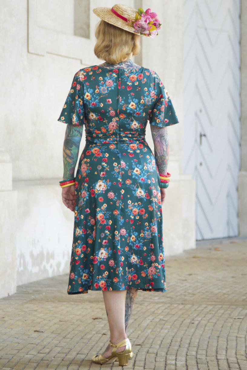 Donna Cross Over Bust Flared Dress in Green Floral Print