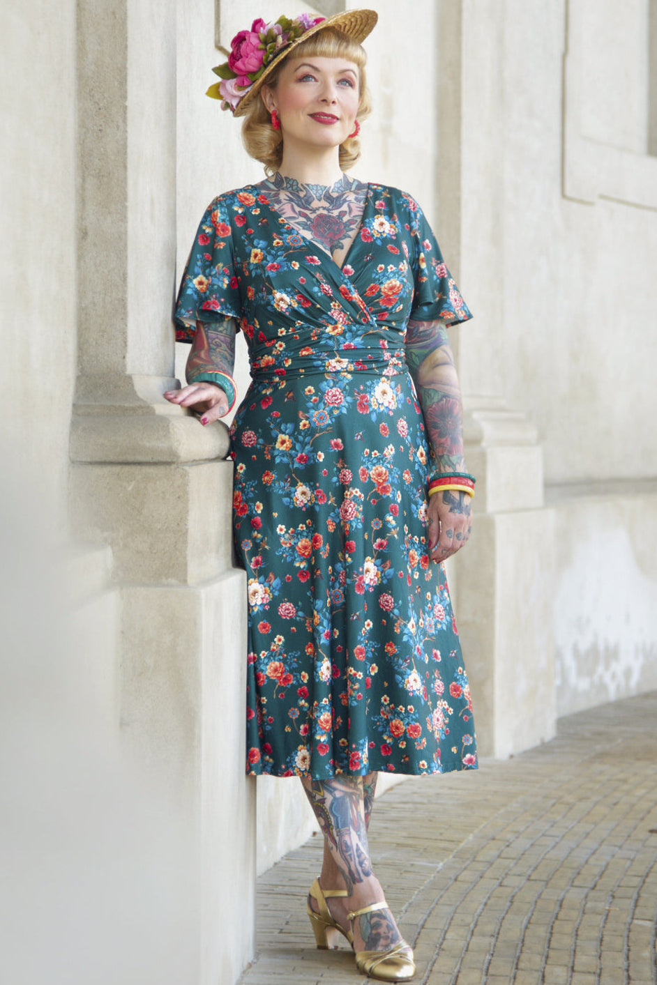 Donna Cross Over Bust Flared Dress in Green Floral Print