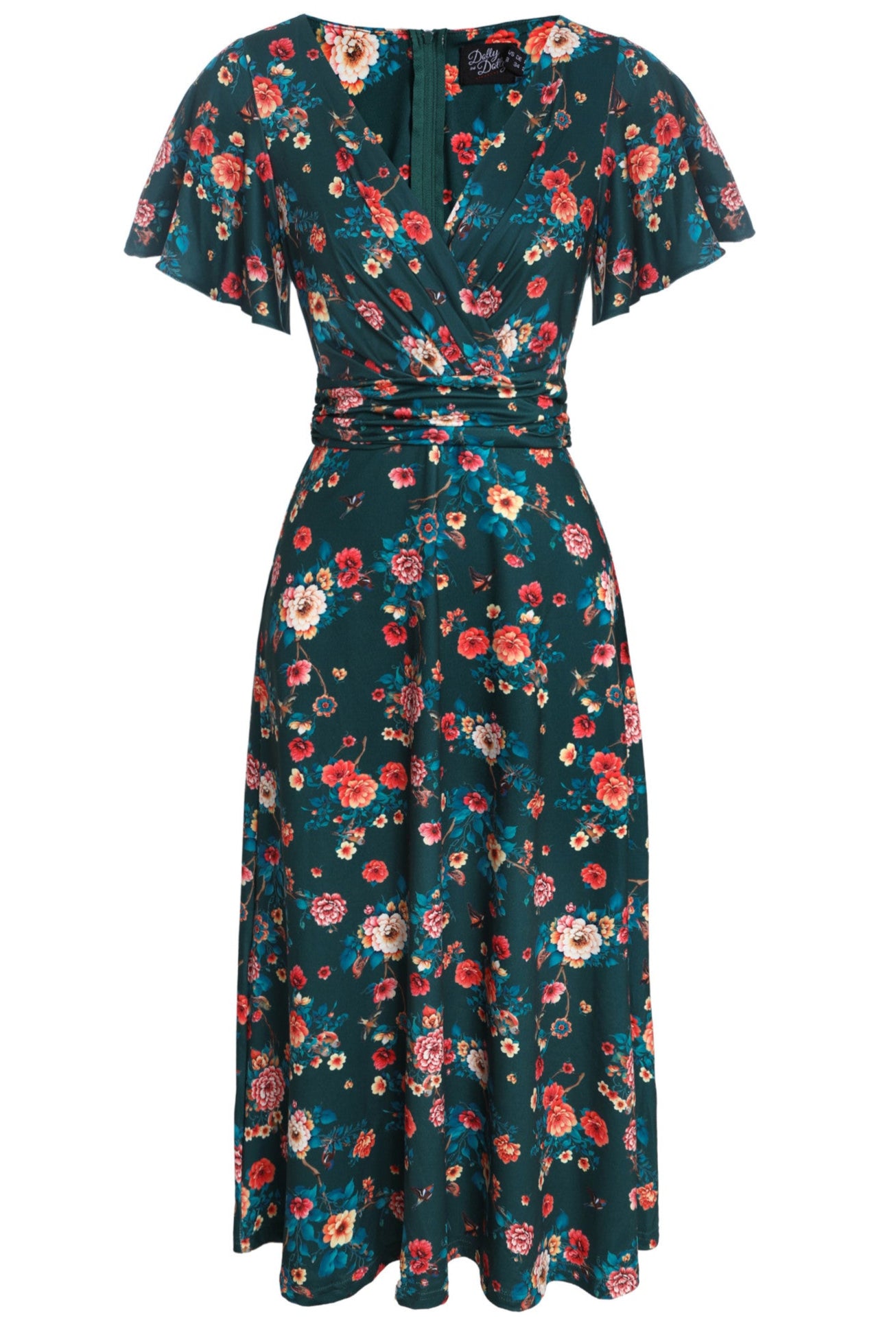 Donna Cross Over Bust Flared Dress in Green Floral Print