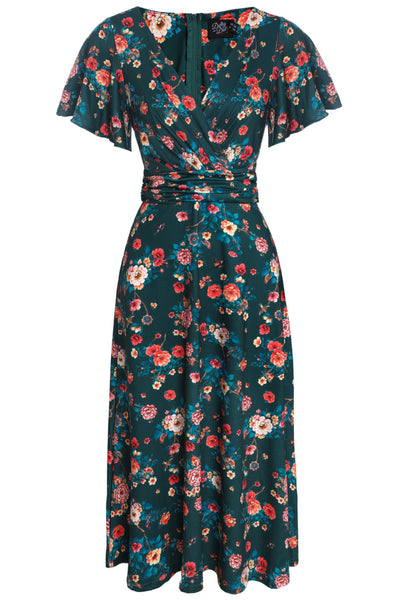 Donna Cross Over Bust Flared Dress in Green Floral Print