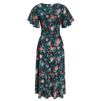Donna Cross Over Bust Flared Dress in Green Floral Print