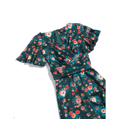 Donna Cross Over Bust Flared Dress in Green Floral Print