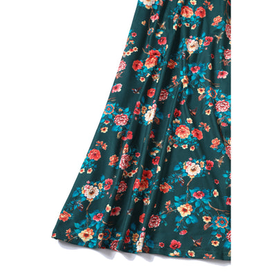 Donna Cross Over Bust Flared Dress in Green Floral Print