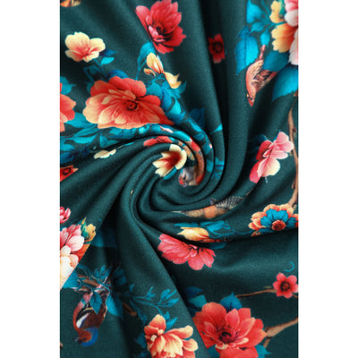 Donna Cross Over Bust Flared Dress in Green Floral Print