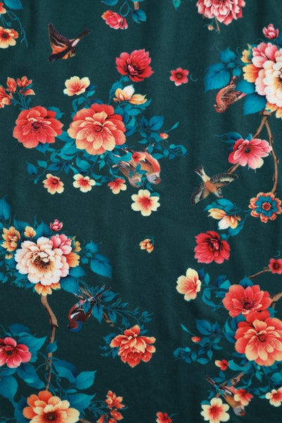 Donna Cross Over Bust Flared Dress in Green Floral Print